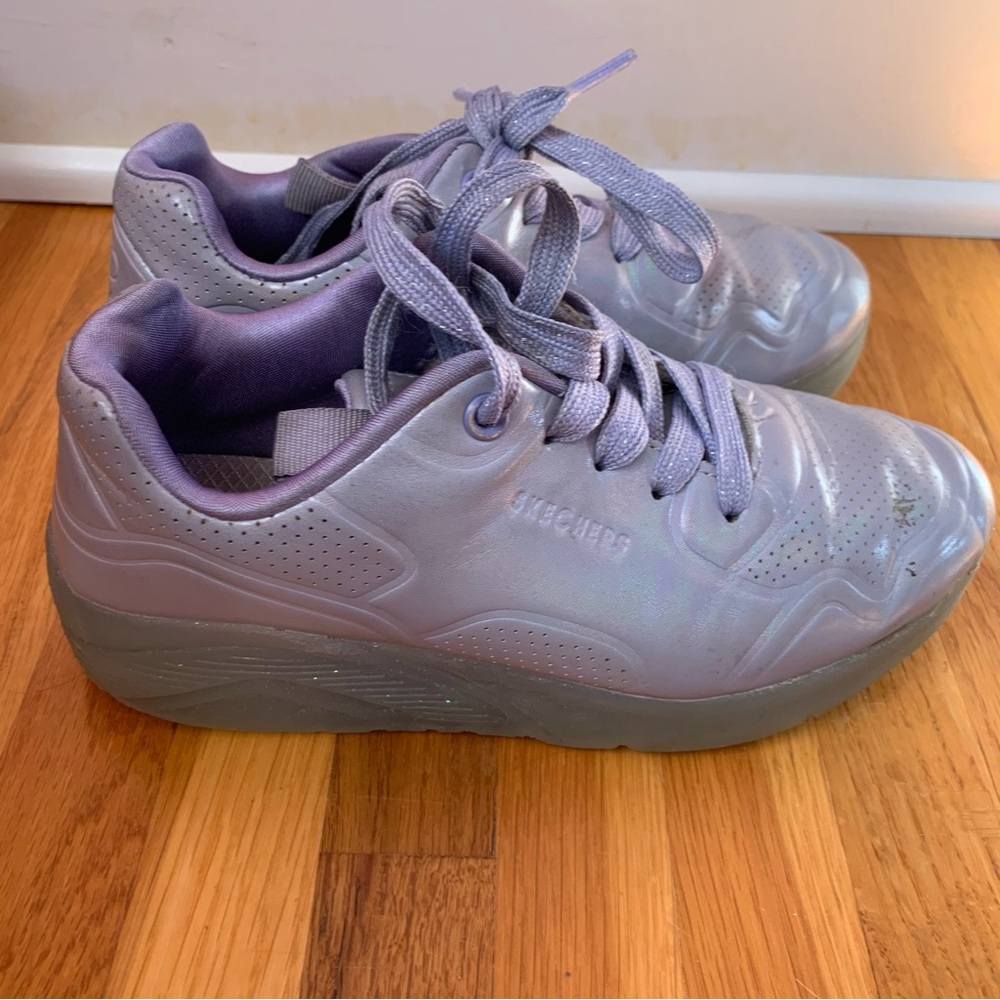 Holographic Lavender Sneakers Skechers Girls Size 1 Air Cooled Memory Foam Shoes - Picture 7 of 10